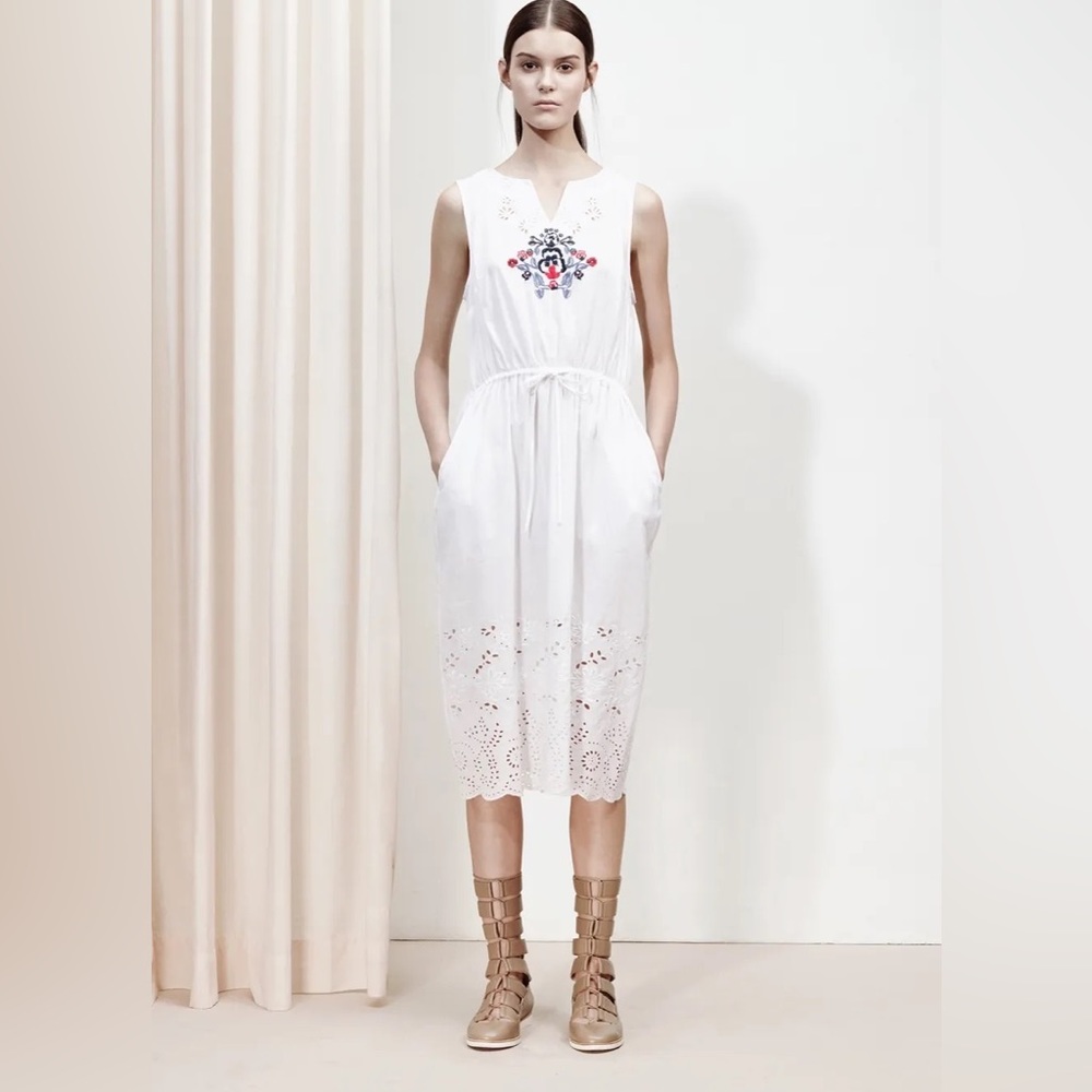 Suno White Embroidered Neck Line Flared Midi Dress 4 S